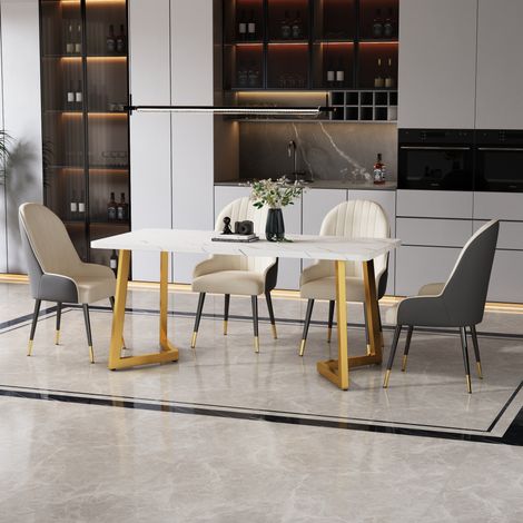 Esstisch 117x68x75 cm Weiß Gold MDF mit Marmoroptik und goldenen Beinen (1/5)