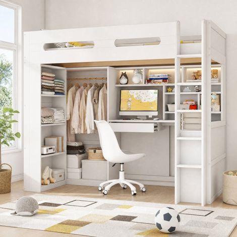 Cama alta 90x200 cm con escritorio, 1 cajón, estantes, armario abierto, LED y USB, blanca (1/5)