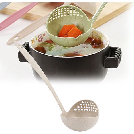 2-in-1 Weizenstroh-Suppen- und Porridge-Löffel mit langem Griff und Filter (Beige) (1/5)