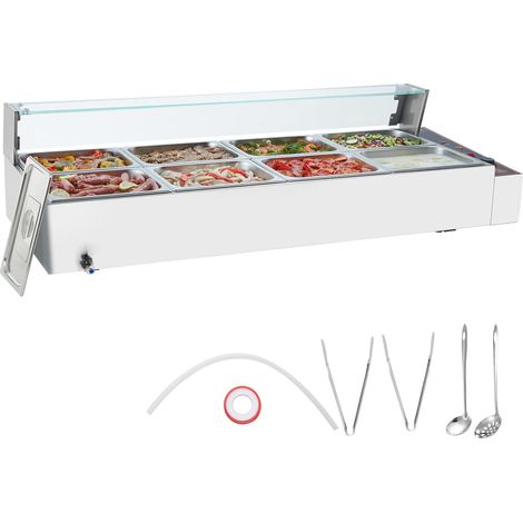 VEVOR Scaldavivande Commerciale, Scaldavivande Elettrico in Acciaio Inox da 1700 W con Coperchio in Vetro, Bagnomaria da Banco a 8 Teglie, con Mestoli per Zuppa e Forati, per Ristoranti (1/5)