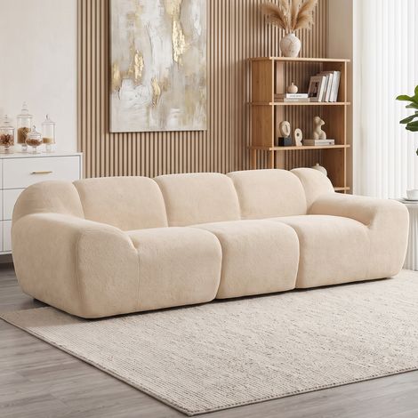 Canapé 3 Places 233 cm, Canapé Salon en Chenille Moderne avec Assise Profonde, Accoudoirs Larges, Beige