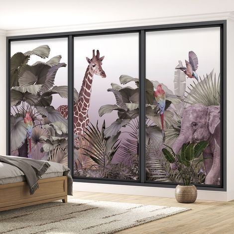 Papier peint panoramique Trompe l'oeil baie vitrée - Animaux de la jungle - 130 cm x 78 cm (1/5)