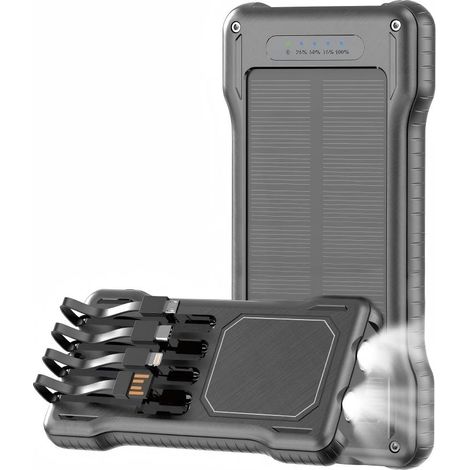 Batterie externe solaire Greenlyca 10 000 mAh - 4 modes de charge, câbles intégrés, lampe torche LED, robuste, noire (1/5)