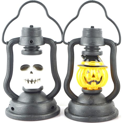 Juego de 2 faroles LED con luz para Halloween, con forma de calabaza y calavera. (1/5)
