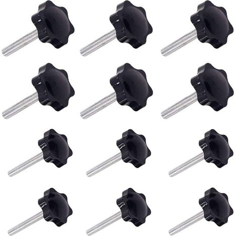 Set of 12 M6 and M8 clamping handles – 32mm and 38mm male thread – Black plastic and metal – For mechanical equipment (1/5)