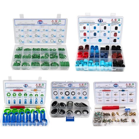 Anneaux en caoutchouc de calibre 18, 270 pièces joints de compresseur, 45 pièces bouchons de soupape de climatiseur, 77 pièces noyaux de soupape, 102 pièces outils de démontage de tuyauterie. (1/4)