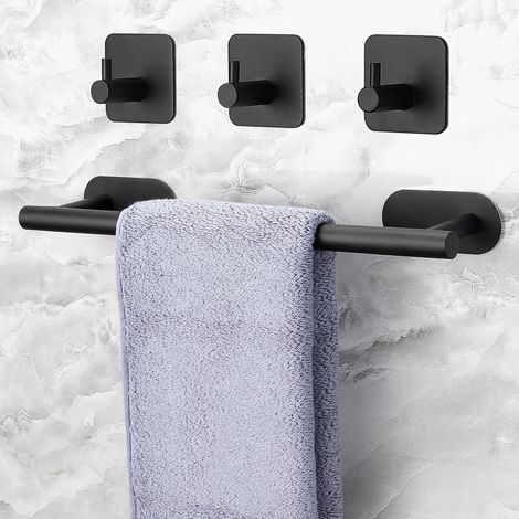 Porte-Serviettes 40cm Kit de Porte-Serviettes de Bain en Acier Inoxydable 1pc Porte-Serviettes de Salle de Bain + 3pcs Crochets de Serviette Ensemble de Barres Porte-Serviettes Auto-Adhésif-Noir (1/5)