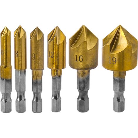 6-teiliges 5-schneidiges Senker-Senker-Set, titanbeschichtet, 1/4-Zoll-Sechskantschaft, 82°-Senkkopf, für 6 mm, 8 mm, 9 mm, 12 mm, 16 mm, 19 mm Holzbearbeitungsbohrer