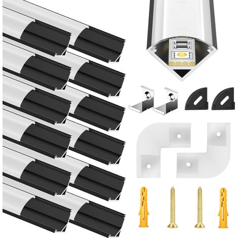 Profilé LED en aluminium 12 x 1 m avec couvercle blanc laiteux, embouts et pince de montage pour bandes LED, bande LED non incluse dans la livraison (1/5)