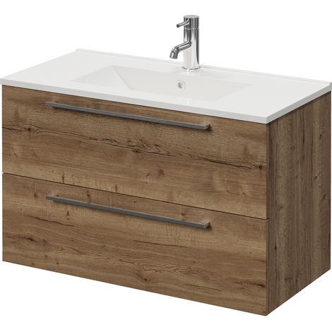 Napoli 390 Tobacco Oak 800mm Wall Mounted 2 Drawer Vanity Unit with Angel Basin - 800mm - Chrome 480mm Handle