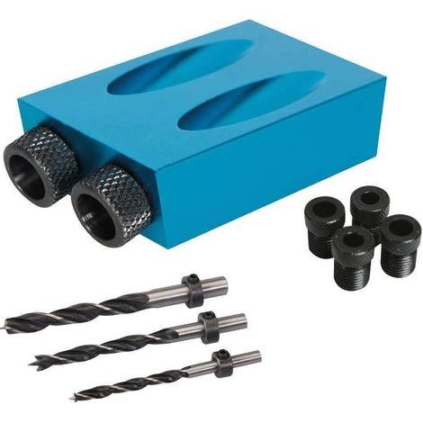 Set mit 14 Taschenlochschraubendrehern, Dübeln und Bohrern mit Kragen 6 8 Löcher 10 mm, Winkelführung für Holzbearbeitung, Positionierwerkzeug für Holzbearbeitung (blau) (1/5)