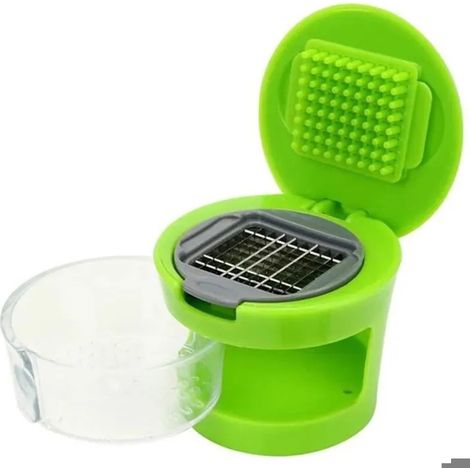 Hachoir à ail, mini presse-ail en acier inoxydable, broyeur, coupe-gingembre avec plateau en plastique transparent vert, 1 pièce. (1/4)
