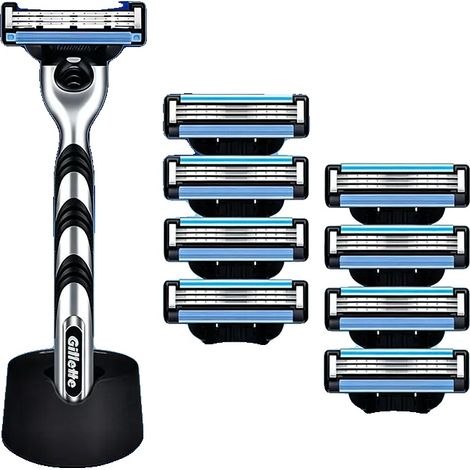 Maquinilla de afeitar manual, construcción metálica, cuchillas de 3 capas, 8 cuchillas de repuesto incluidas, diseño ergonómico, banda lubricante para un afeitado suave. (1/5)