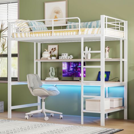 Lit mezzanine 90x200cm - avec, échelle, prises USB et électrique, éclairage LED, bureau, étagère à plusieurs niveaux - métal blanc (1/5)