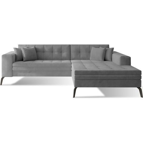 Canapé convertible capitonné angle droit velours gris clair et pieds métal noir Lazor 295cm (1/5)