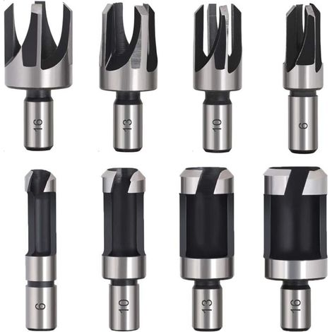8-teiliges Set HSS-Holzdübelbohrer für Holzdübelschneider, Holzbearbeitungswerkzeuge, Holzdübelschneider, Bohrer 6 mm/10 mm/13 mm/16 mm, kleine Holzfräser für Bohrmaschinen (1/4)
