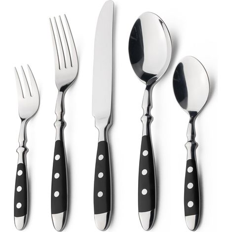 Ensemble de Couverts de Table 30 Pièces pour 6 Personnes, Couverts en Acier Inoxydable avec Poignées Noires, Forgés et Lourds