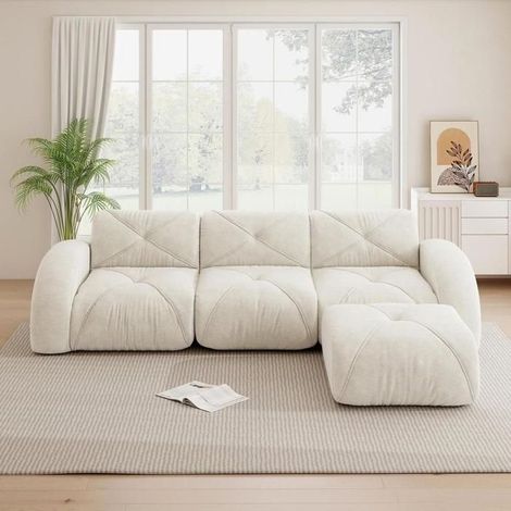 Canapé modulaire - KOMHTOM - Modèle en L - 3 places - Chenille blanc - Avec repose-pieds (1/5)