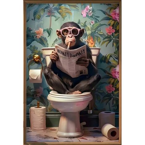 Poster Toile - Singe Sur Toilettes Lisant Journal - Décoration Murale Salle De Bain Salon - 50 X 70 Cm Sans Cadre (1/5)