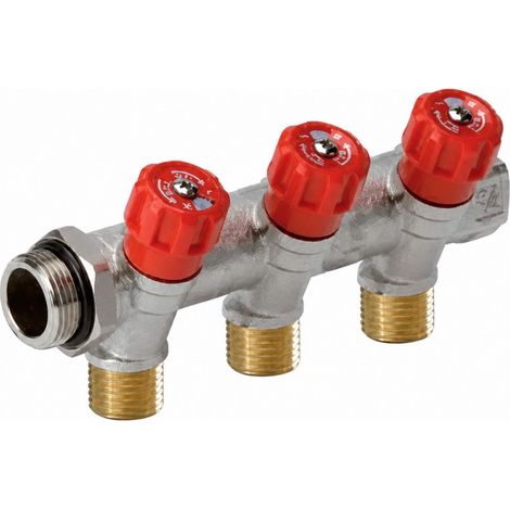 Sanitärsammler 3/4" mit integriertem, abgesetztem 1/2" Anschlussplatte - Rot, 3 Anschlüsse