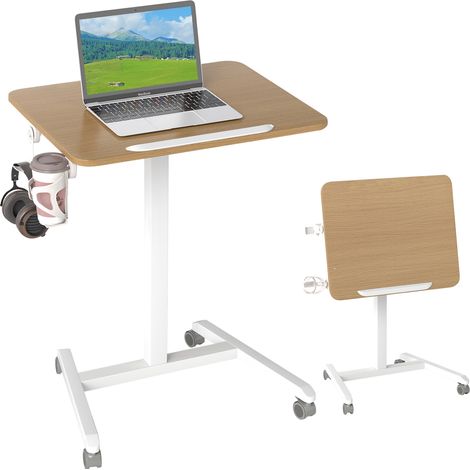 Bureau Mobile Pliable, Bureau à Roulettes avec Plateau Inclinable à 90°, Bureau Réglable en Hauteur avec Crochet et Porte-Gobelet, Naturel (1/5)
