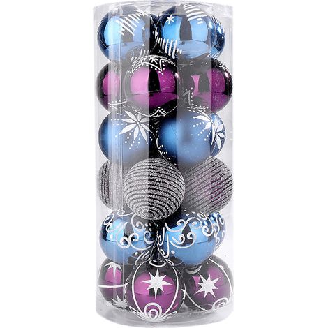 Juego de 24 adornos navideños de 6 cm en color azul y morado, irrompibles, fabricados en plástico estampado, para decorar el árbol y disfrutar de las fiestas navideñas. (1/4)