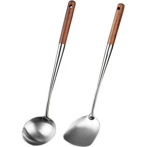 Ensemble d’ustensiles pour wok en acier inoxydable 304, spatule et louche à manche bois (1/5)