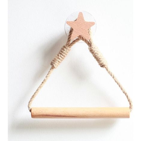 Porte Rouleau de Papier Toilette Autocollant, Distributeur Papier WC en Bois avec Anneau de Serviette en Corde, Style Rustique Étoile (1 pièce) (1/4)