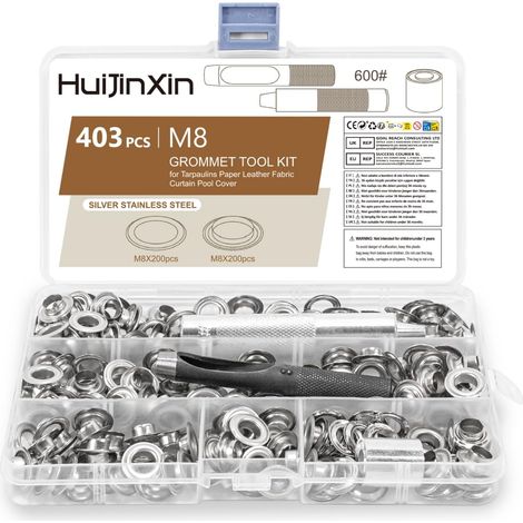 Kit de 403 œillets, kit d’outils de grommet, œillets de 8 mm pour bâche, œillets de tuyau, pince à œillets, kit de grommets métalliques pour tissu, pince à œillets pour bâche, housse de piscine en (1/5)