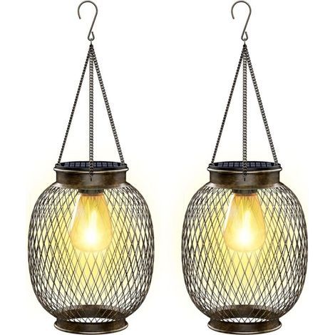 Lampe Solaire Exterieur Jardin Suspendue, IP65 Étanche Lanterne Solaire Exterieur 2 Pièces Métal Lumiere Solaire Exterieur avec Ampoule LED Lampe Solaire Balcon pour Porche Cour Jardin Terrasse [Class (1/3)