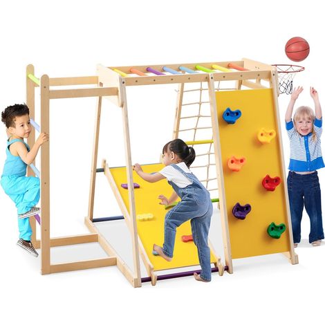 COSTWAY 6 in 1 Set da Arrampicata per Bambini in Legno, Parco Giochi con Scivolo Arrampicata Canestro da Basket Barra e Rete di Corda, Scala e Accessori, 3-14 Anni (Colorato) (1/5)