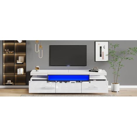 Armoire de télévision en stratifié élégant, mesurant 160x39x42 cm. Couleur blanche, avec une lumière LED dans 16 couleurs différentes. Prendre en charge jusqu’à un téléviseur de 70 pouces. (1/5)