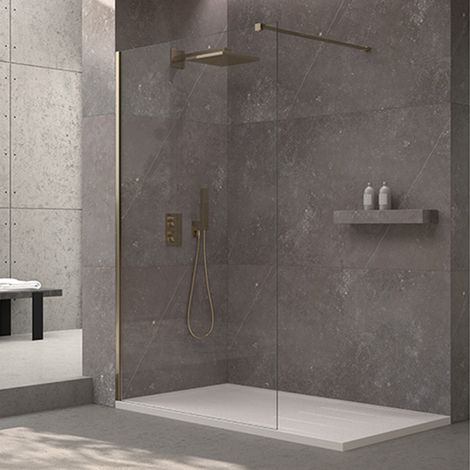 Mampara de ducha fija Walk In 80x195 Dorado Cristal templado antical transparente 8mm (1/5)