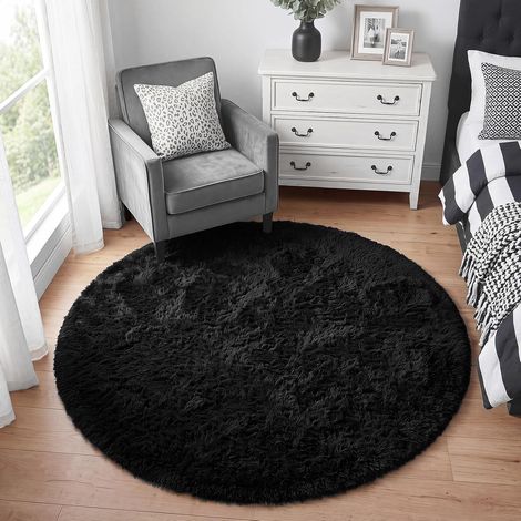 Tapis Shaggy Tapis Salon Chambre Moelleux Antidérapant rond 120 cm Noir (1/5)