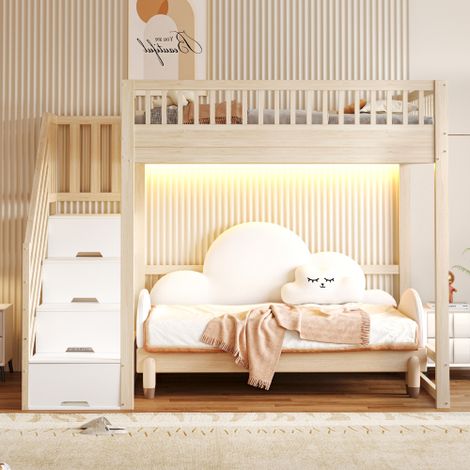 Hochbett mit Sicherheits-Aufbewahrungsleiter, Bettgestell aus massivem Kiefernholz für Kinder und Jugendliche (1/5)