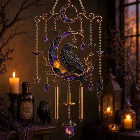 Carillon d'Halloween en vitrail, attrape-soleil en acrylique avec motif fantôme, chat, lune et sorcière, 20/30 cm C 30 cm (1/5)