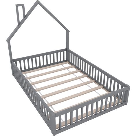 Lit enfant 140x200 gris, lit cabane avec cheminée et barrières, cadre en bois de pin, sommier inclus, style minimaliste. (1/5)