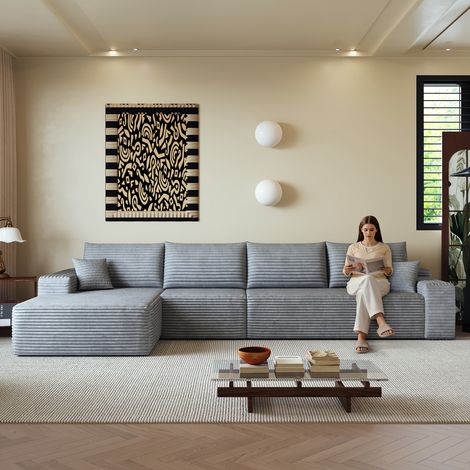 Sofá modular de 4 plazas de pana con chaise longue izquierda, sin montaje, gris