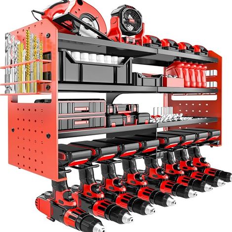 Organisateur d'outils électriques à fixation murale, support de rangement d'outils électriques en métal avec porte-tournevis, étagères de rangement d'outils de garage (1/5)