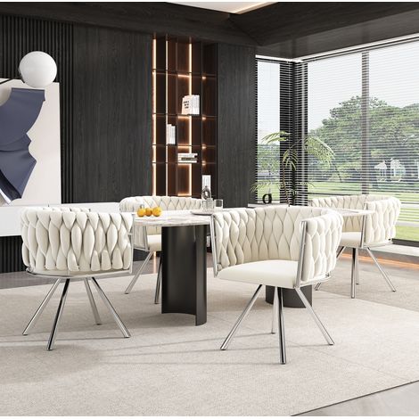 Set di 4 sedie da sala da pranzo in velluto beige, poltrone girevoli con gambe in metallo argentato (1/5)