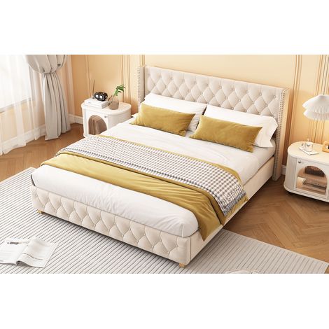 Lit rembourré 160/200 cm beige clair en velours avec tête de lit capitonnée et cloutée (1/5)