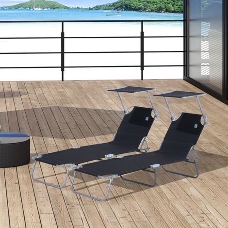Lot de 2 transats Bain de Soleil Pliable Chaise Longue Pliante Grand Confort Dossier Inclinable Pare-Soleil réglable (1/5)