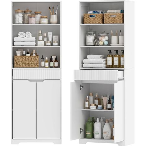 HOMCOM armario alto de baño estrecho con 3 estantes abiertos, cajón acanalado, estante ajustable y puertas de cierre suave, 60x30x171 cm, blanco (1/5)