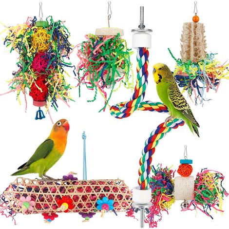 Jouets à picorer et déchiqueter pour oiseaux, jouets à mâcher pour perruches avec perchoir en corde, éponge végétale et rotin naturels, accessoires suspendus de cage pour conures, calopsittes, perruch (1/5)