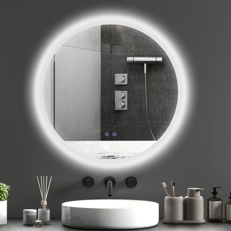 Miroir de Salle de Bain Rond avec Lumières LED 70x70 cm Miroir Anti-buée 3 Lumières de Couleurs Fonction Mémoire Interrupteur Tactile