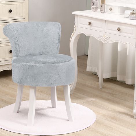 Plush Shaggy Plush Vanity Stool White Wooden Legs, Grey (1/5)