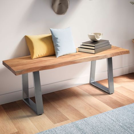 Banc 2 places pieds U 120x40x45,5 cm en acacia naturel et métal chromé