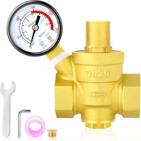 Vanne régulatrice de pression d'eau en laiton 3/4 pouce, vanne réductrice de pression DN20, avec manomètre 0-250PSI. Couleur jaune, pour usage domestique. (1/5)