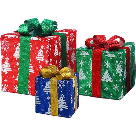 Lot de 3 boîtes cadeaux lumineuses de Noël en plastique, motif flocon de neige, pour décorer le sapin et la maison pendant les fêtes. (1/4)