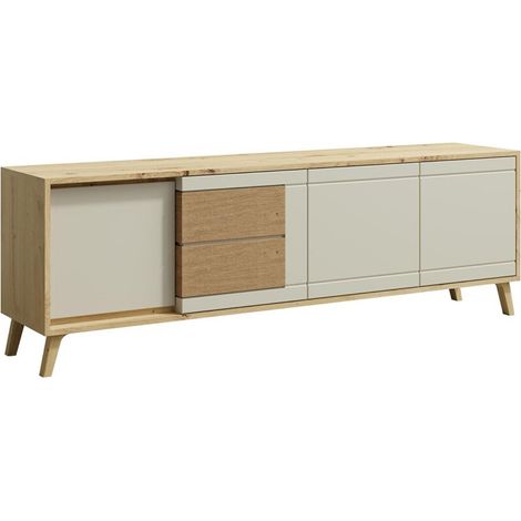BRUNO Meuble TV 2 portes 2 tiroirs 171x53 cm en bois clair design intemporel Blanc (1/5)